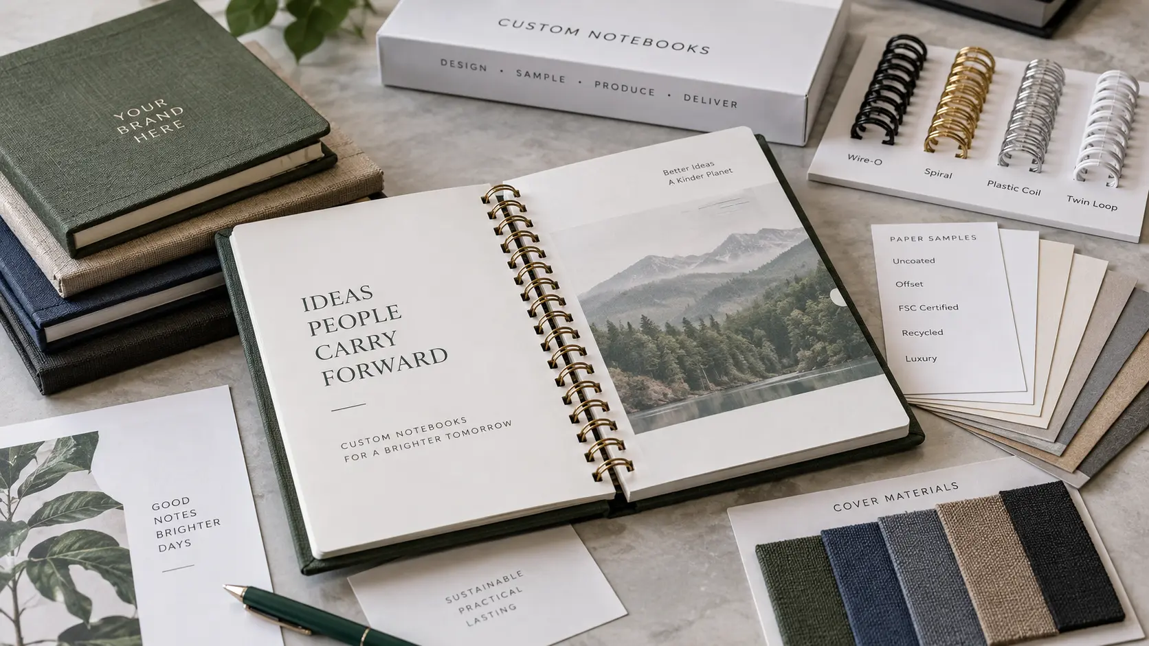 Custom notebook showing premium paper, cover, printed pages and spiral binding Custom notebook showing premium paper, cover, printed pages and spiral binding